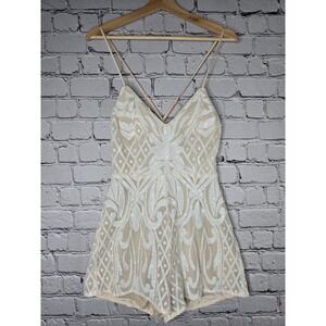 Lulus Catch a Spark White and Beige Sequin Romper Party Bridal Size Medium